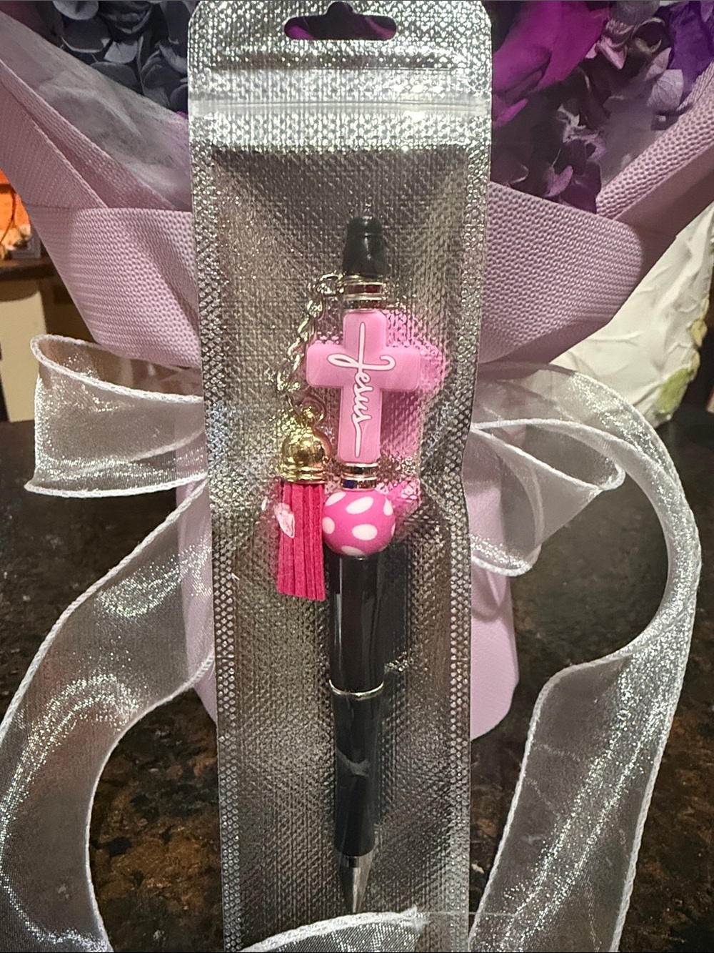Pink Cross Charm Ballpoint Pen with Tassel - Home Office